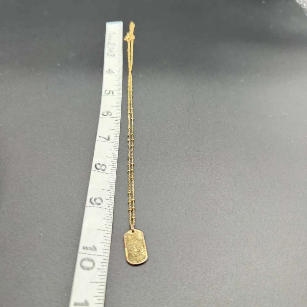 Gold Tone Textured Dog Tag Pendant Station Chain Necklace Minimalist Fashion